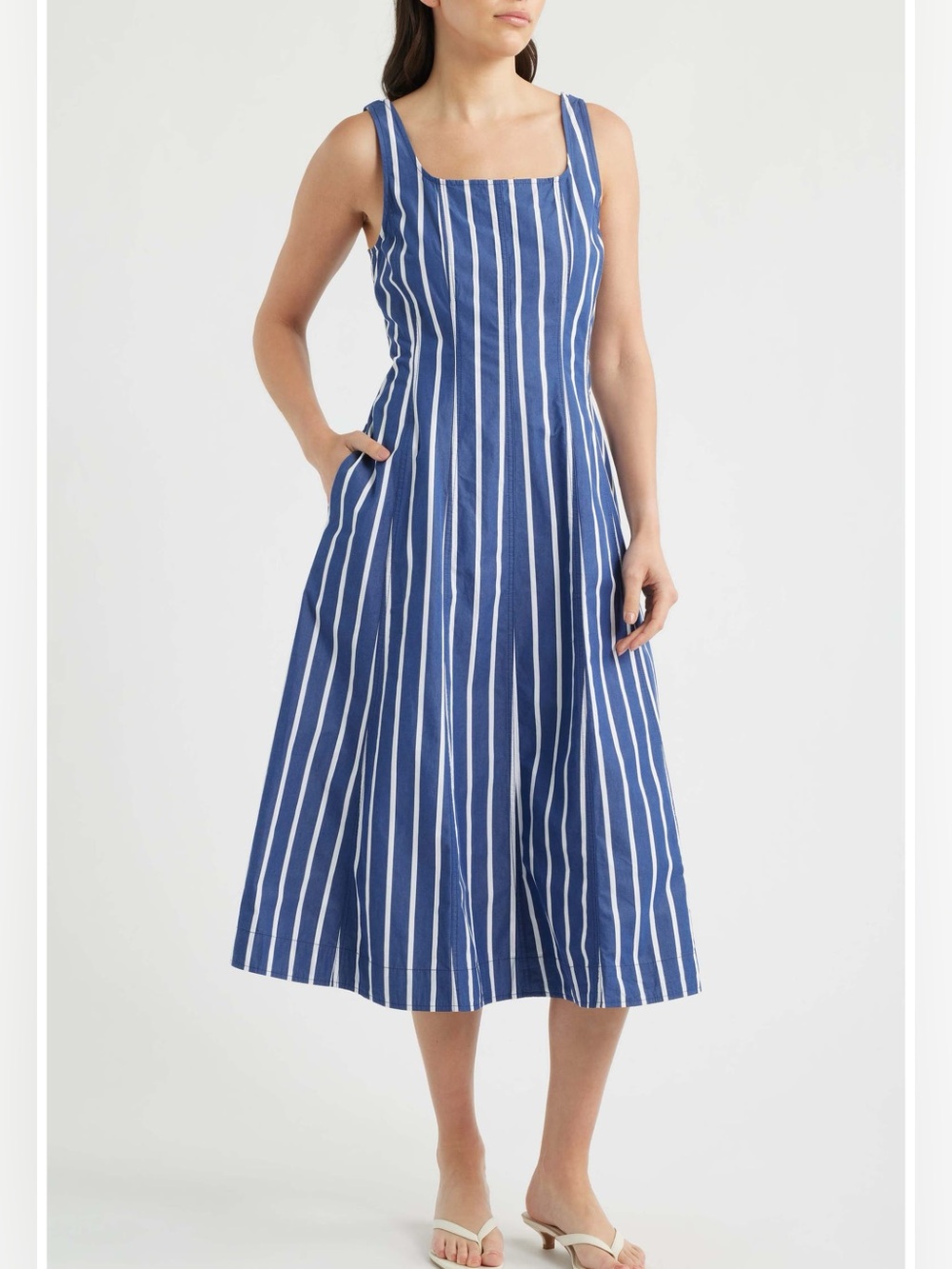 Madewell Rylie Stripe Poplin Midi Dress Size 8 Blue Square Neck Sleeveless
